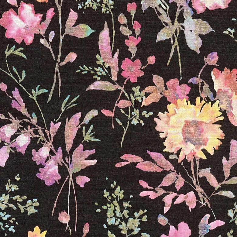 COSMOPOLITAN Blumen-Tapete Aquarell Schwarz Bunt - Vliestapete floral modern 