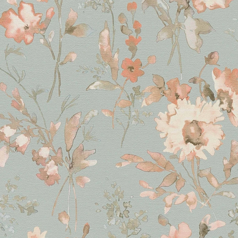 COSMOPOLITAN papier peint vintage aquarelle fleurs abricot bleu - papier peint intissé pastel 