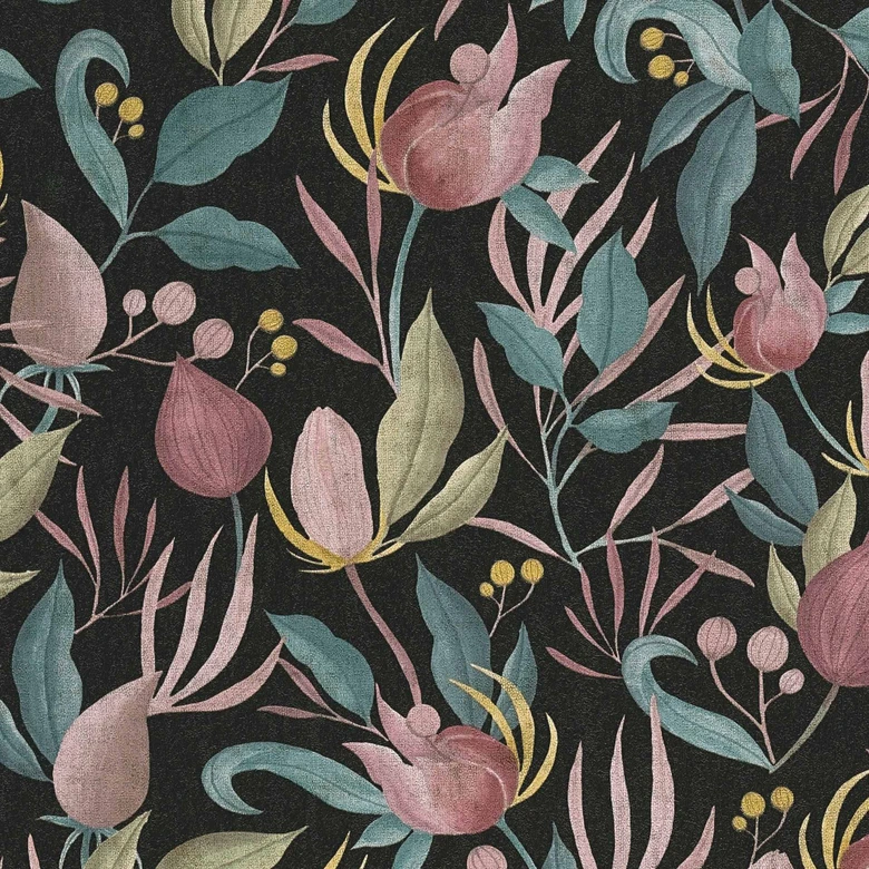 COSMOPOLITAN Blüten Tapeten Design Schwarz Rosa - Botanische Vliestapete modern 
