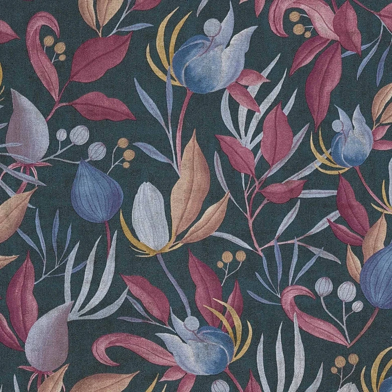 Papel pintado COSMOPOLITAN diseño hojas azul rojo - Papel pintado no tejido de diseño moderno 