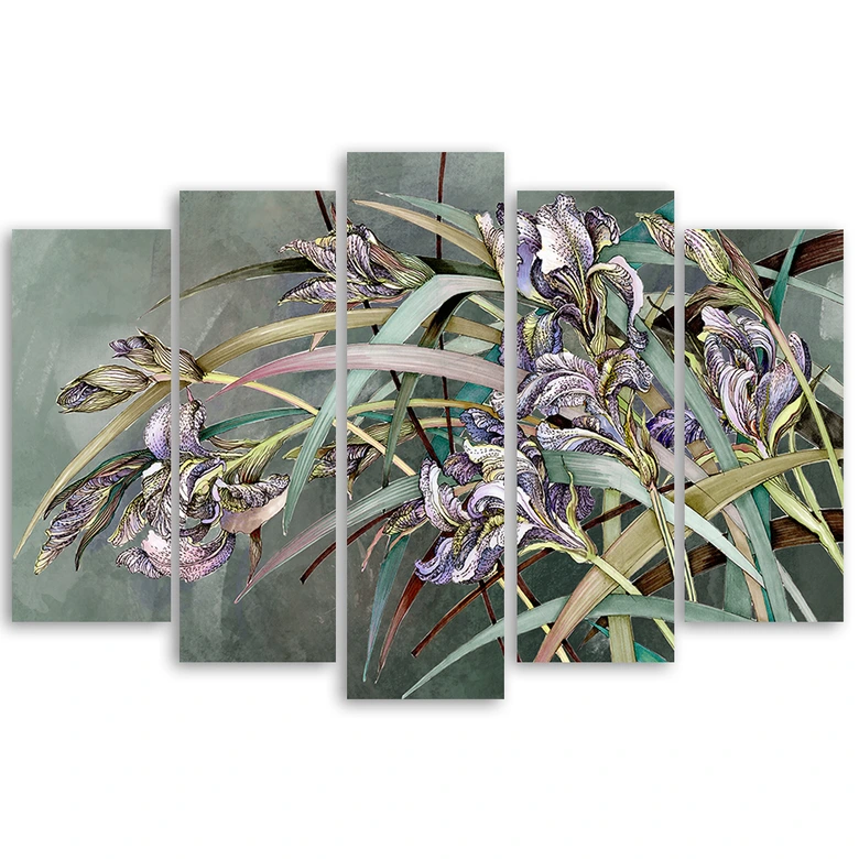 Leinwandbild 5 teilig, Iris Blumen im Wind 
