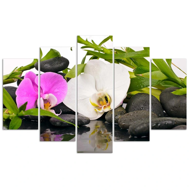 Leinwandbild 5 teilig, Orchideen-Bambus-Steine 