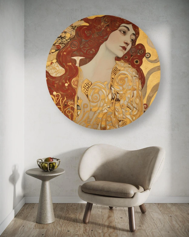 Rundes Leinwandbild - Frau mit langem Haar - G. Klimt 