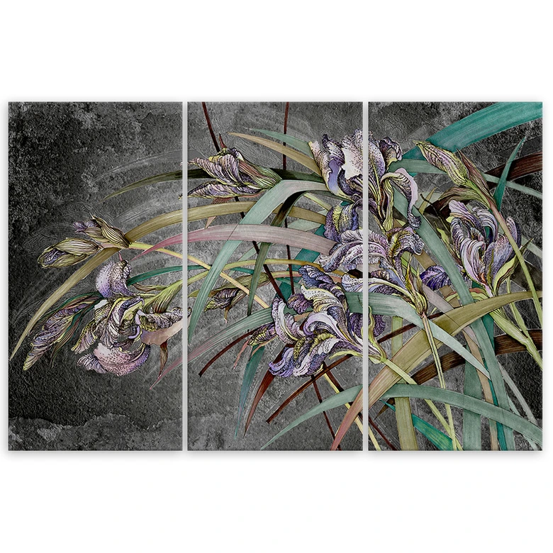 Leinwandbild 3 teilig, Iris Blumen im Wind 