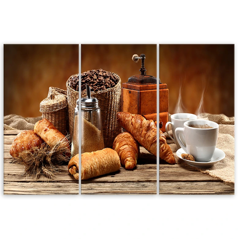 Leinwandbild 3-teilig, Kaffee mit Croissant 