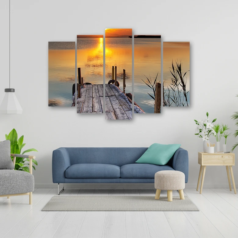 Wandbild 5-teilig, Sonnenuntergang Steg See Natur 