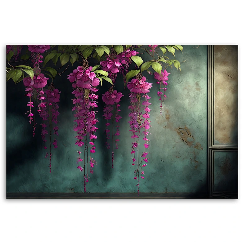 Leinwandbild, Hängende rosa Blumen aus Beton 