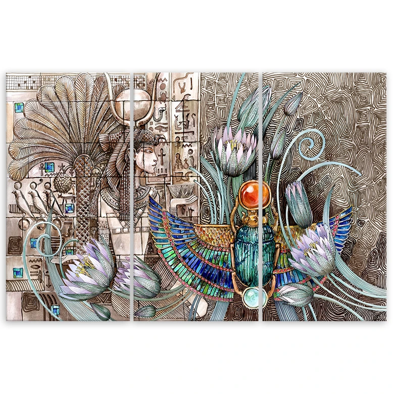 Leinwandbild 3 teilig, Ägyptische Hieroglyphen und Skarabäen 