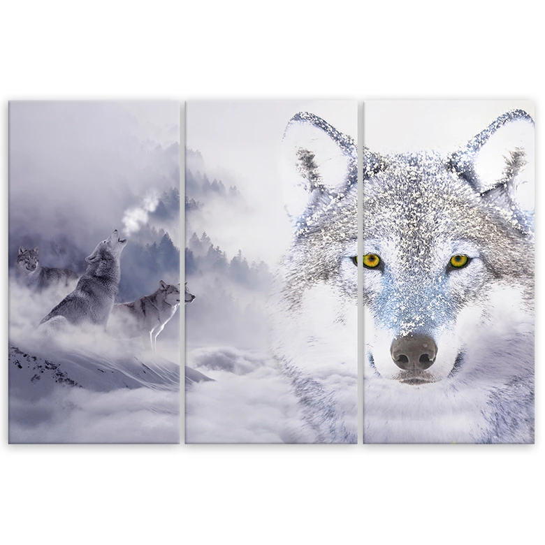 Leinwandbild 3-teilig, Wolf Wald Nebel Natur Grau 