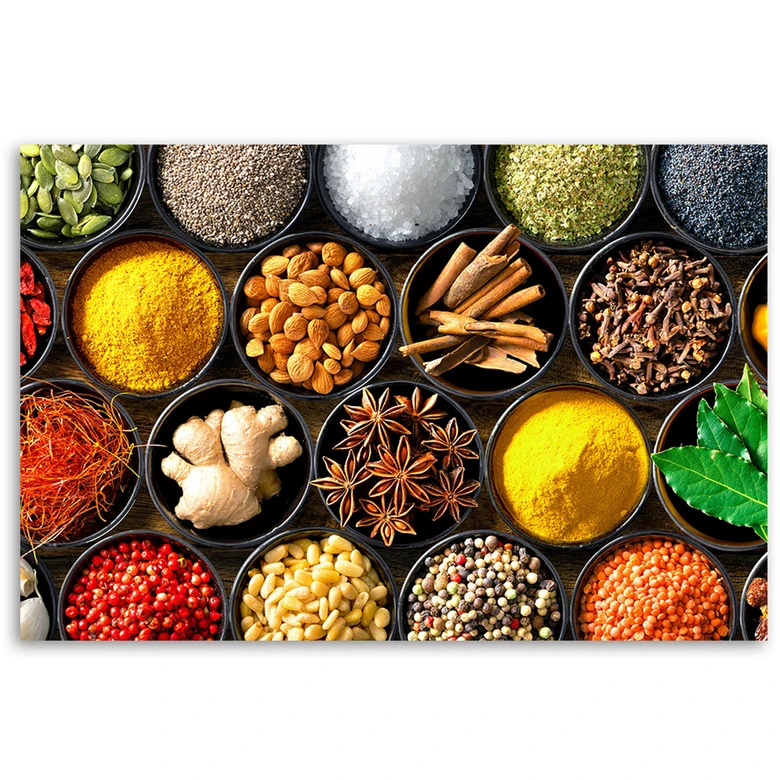 Leinwandbild, Kräuter Gewürze für die Küche 