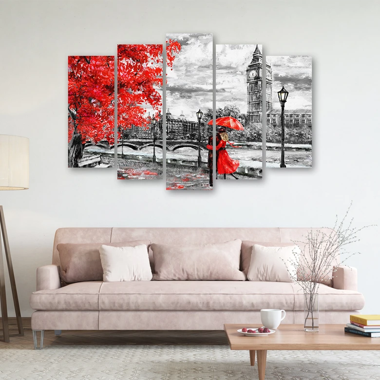 Leinwandbild 5 teilig, Londoner roter Regenschirm 
