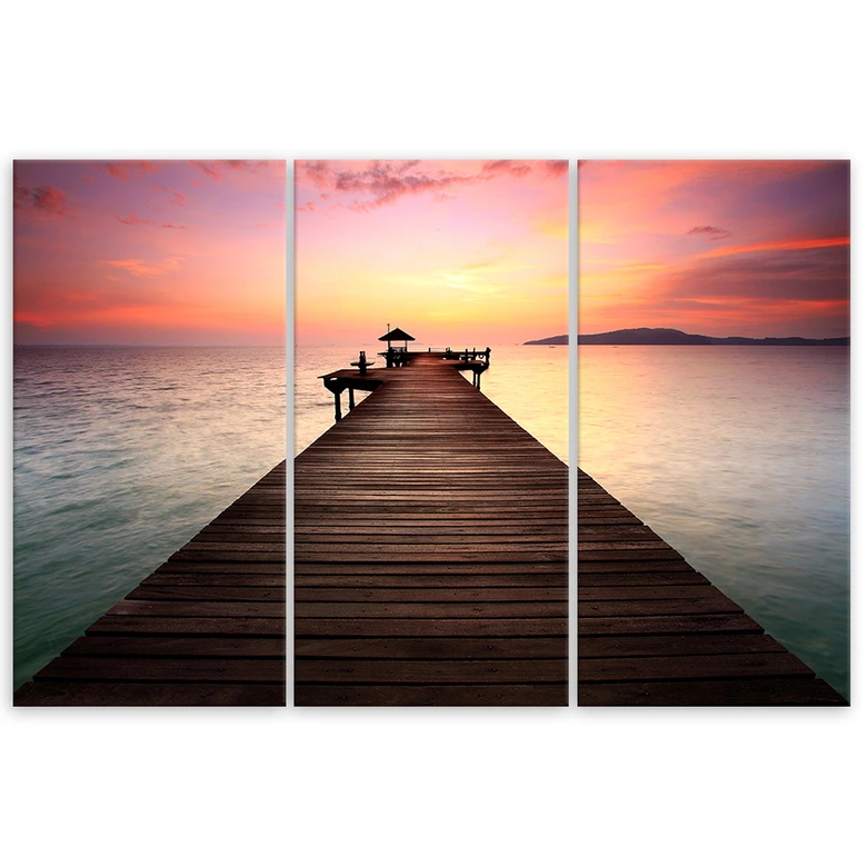 Leinwandbild 3-teilig, Steg bei Sonnenuntergang 