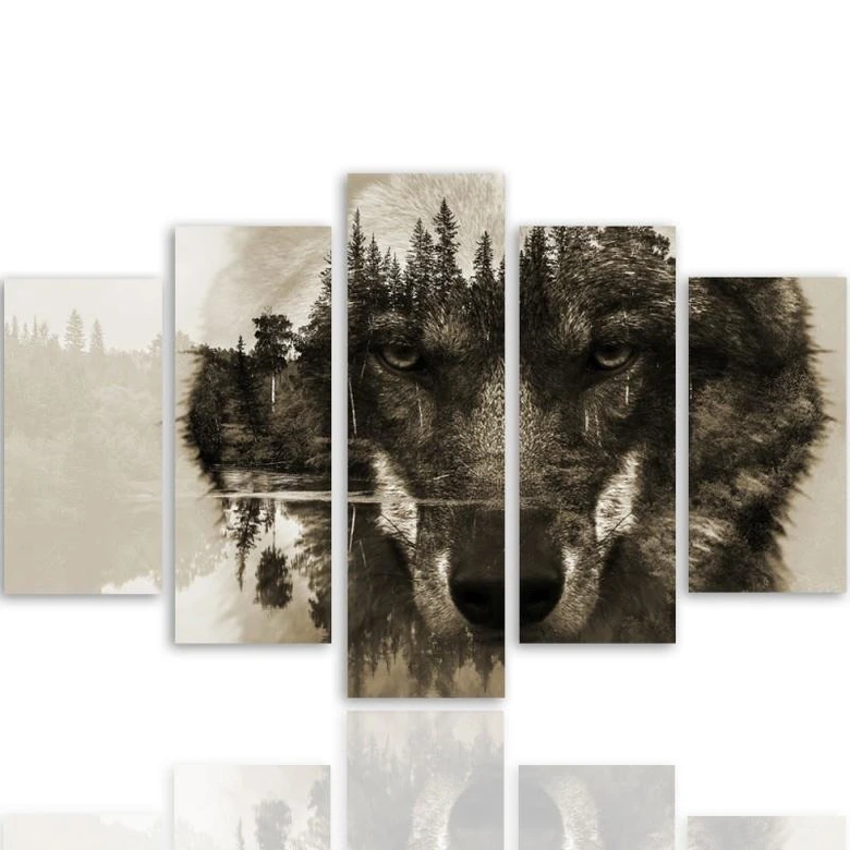 Wandbild 5-teilig, Wolf Wald Tiere Natur 