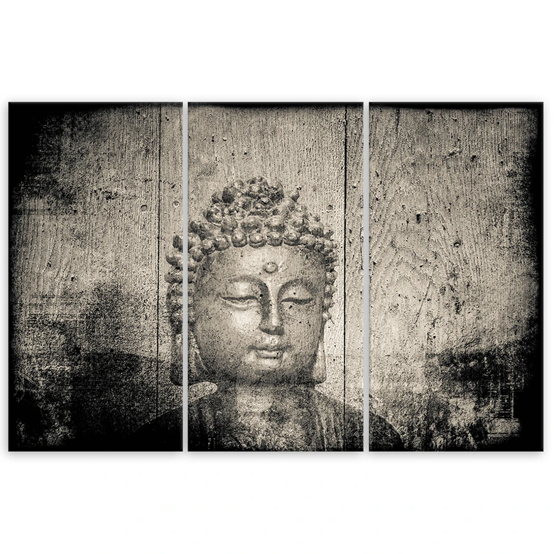 3 stykke lærredstryk, Buddha Zen Feng Shui grå 