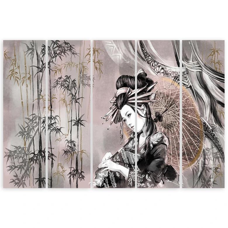 Leinwandbild 5 teilig, Geisha und Bambus 