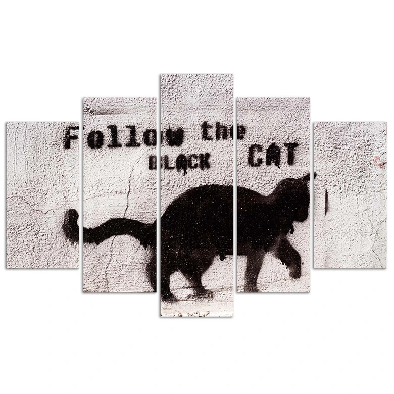 Leinwandbild 5 teilig, Schwarze Katze Textur Beton 