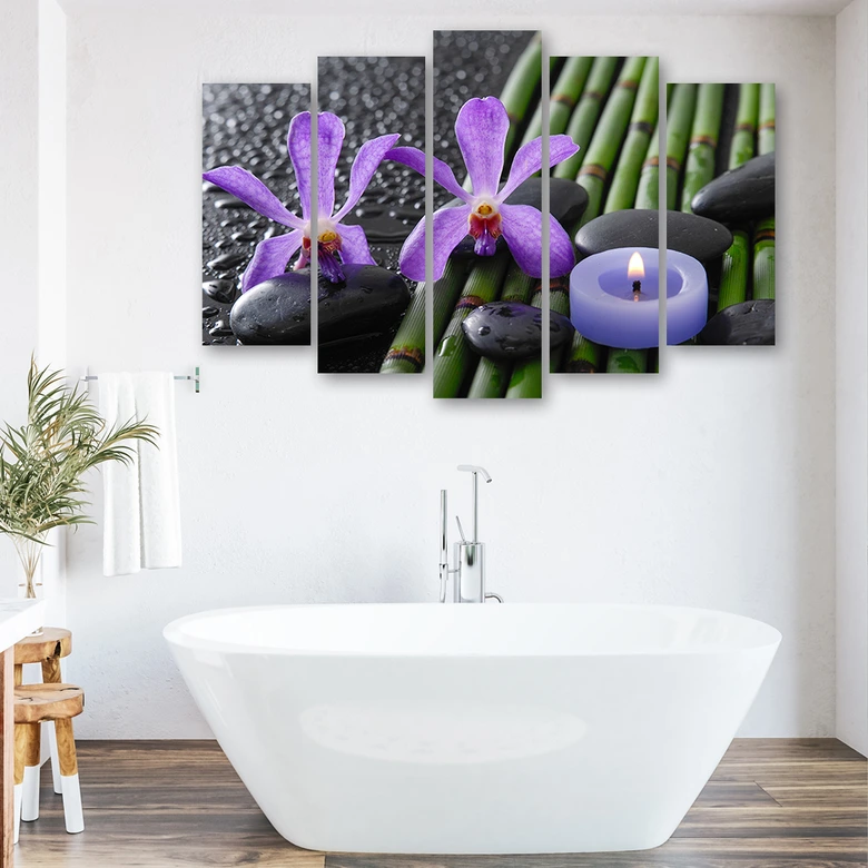 Leinwandbild 5 teilig, Bambus Zen Blume Kerze 