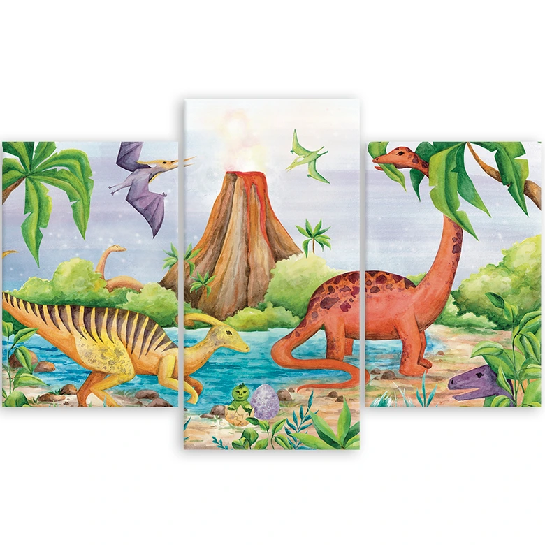 Leinwandbild 3 teilig, Dinosaurier am See 