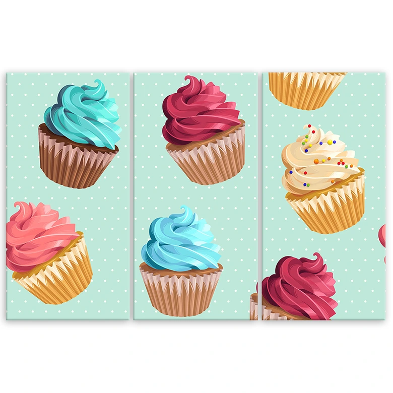 Leinwandbild 3-teilig, Cupcakes Süßigkeiten 