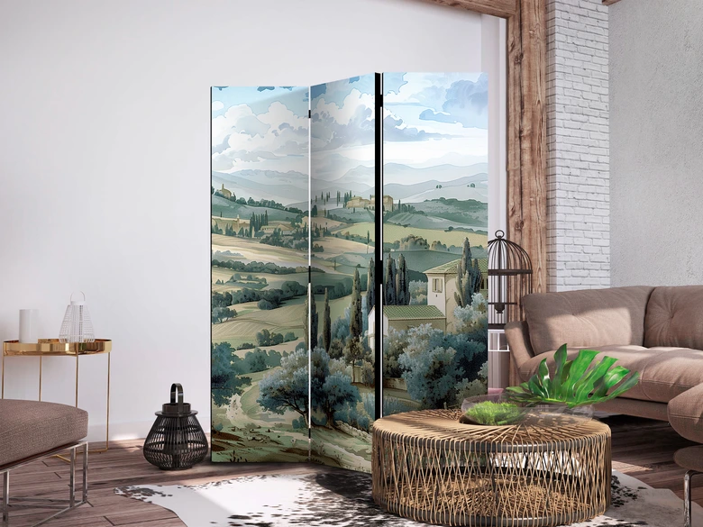 Paravent, Raumteiler freistehend, Trennwand - Landscape with Green Fields and Trees - Tuscan Sunny View 