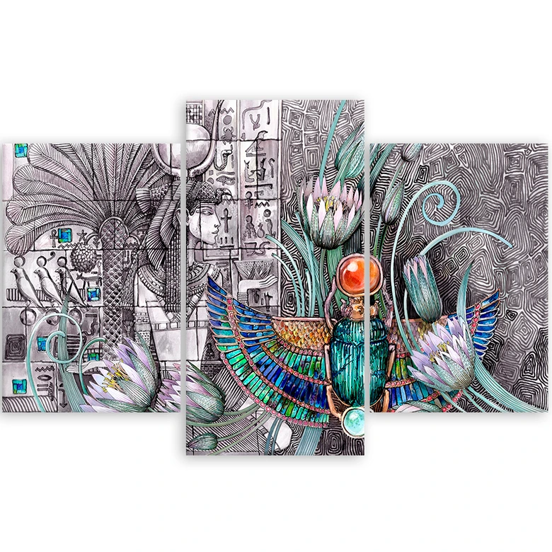 Leinwandbild 3 teilig, Ägyptische Hieroglyphen und Skarabäen 