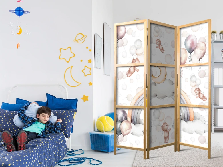 Japanischer Paravent, Raumteiler freistehend, Trennwand - Plush Bears with Balloons - Pastel Colors 