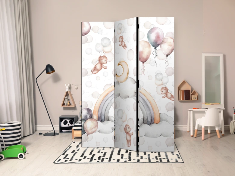 Paravent, Raumteiler freistehend, Trennwand - Plush Bears with Balloons - Pastel Hues 