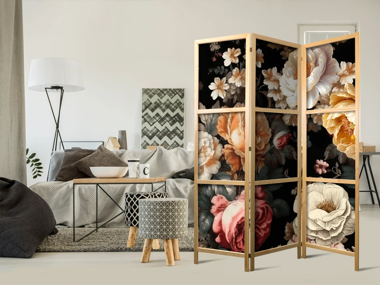 Japanischer Paravent, Raumteiler freistehend, Trennwand - Floristry in Vintage Style 