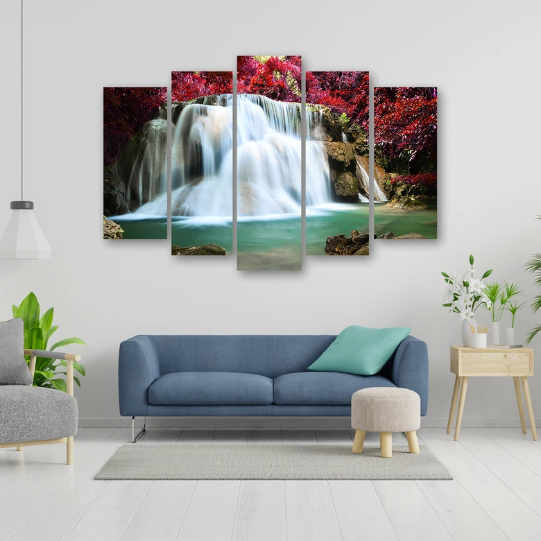 Leinwandbild 5 teilig, Wasserfall Wald Berg 