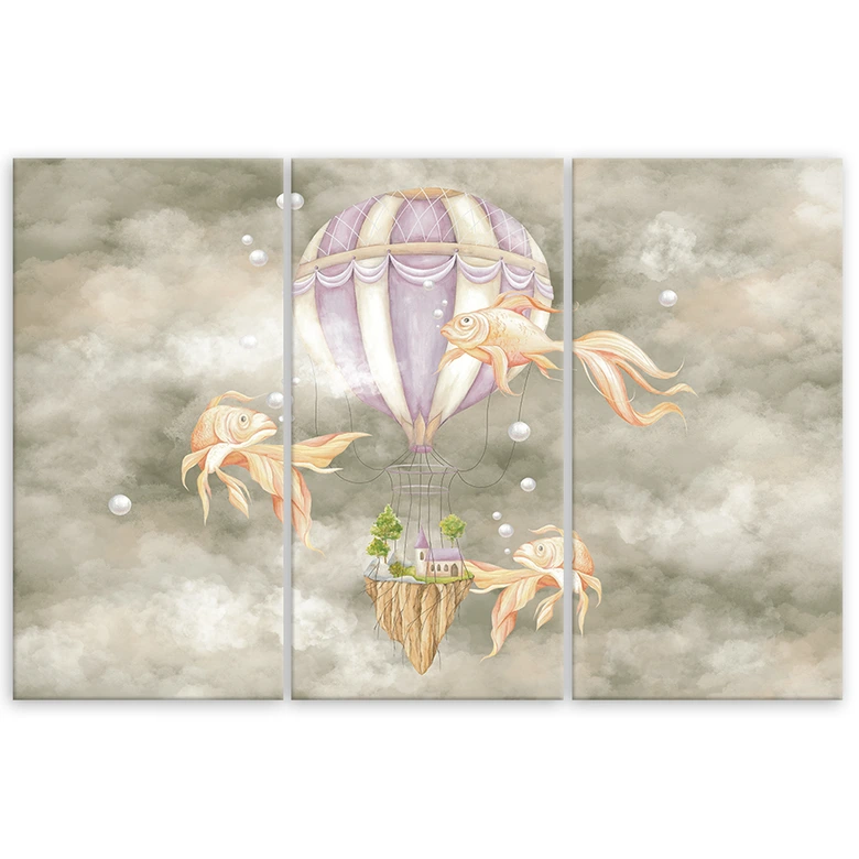 Leinwandbild 3 teilig, Heißluftballon fliegendes Haus und Fisch 