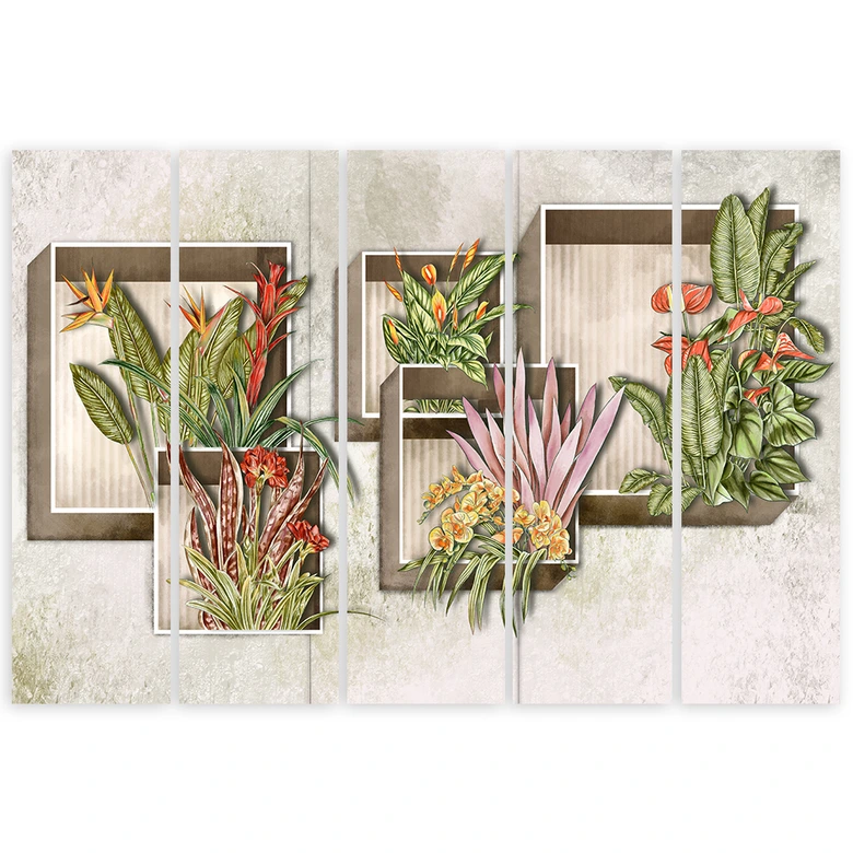 Leinwandbild 5 teilig, Quadratkisten Regale mit Blumen 