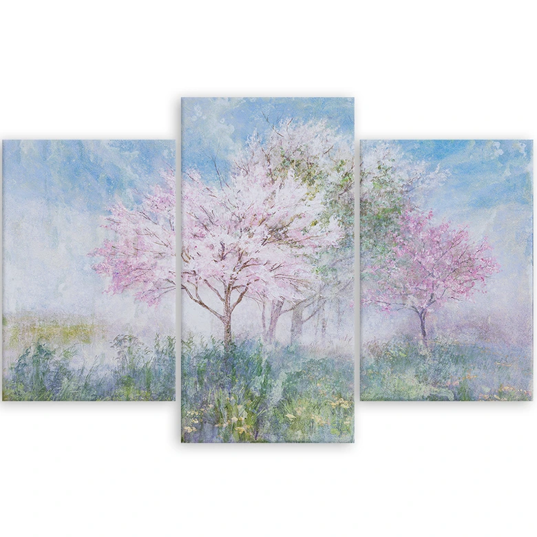Leinwandbild 3 teilig, Ein blühender Baum in der Wiese 