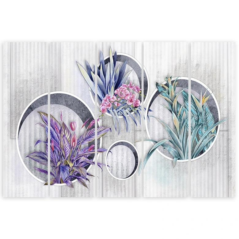 Leinwandbild 5 teilig, Quadratkisten Regale mit Blumen 
