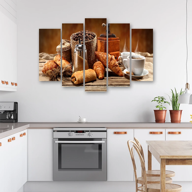 Leinwandbild 5 teilig, Kaffee und Frische Croissants 