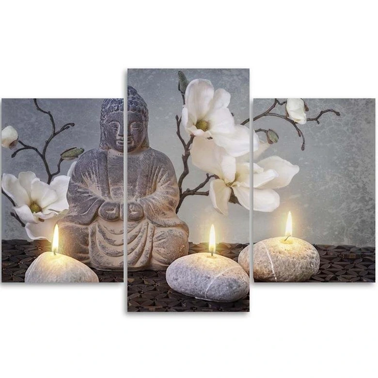 Leinwandbild 3-teilig, Buddha Orchidee Blumen Natur 