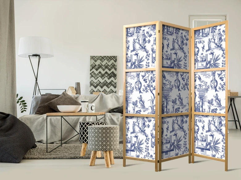 Japanischer Paravent, Raumteiler freistehend, Trennwand - Rome and Botany: Blue Greek and Plant Pattern 
