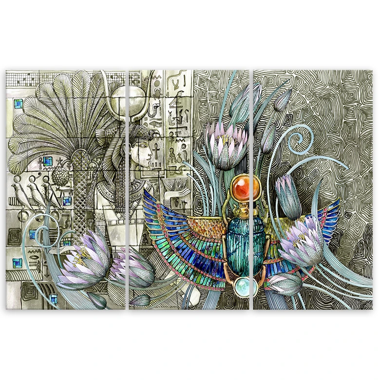 Leinwandbild 3 teilig, Ägyptische Hieroglyphen und Skarabäen 