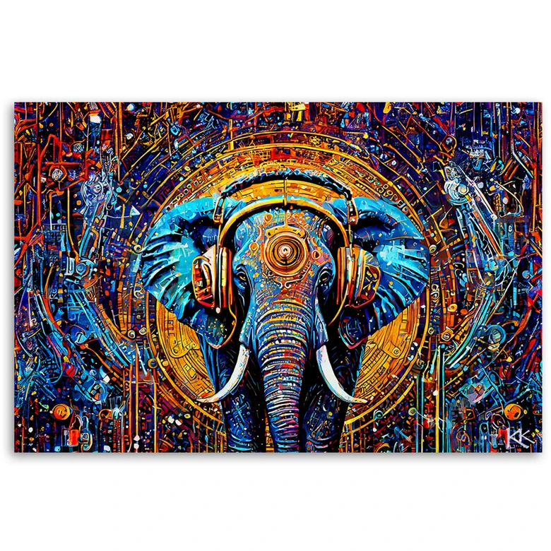 Canvas Schilderij, Olifant in koptelefoon abstractie 