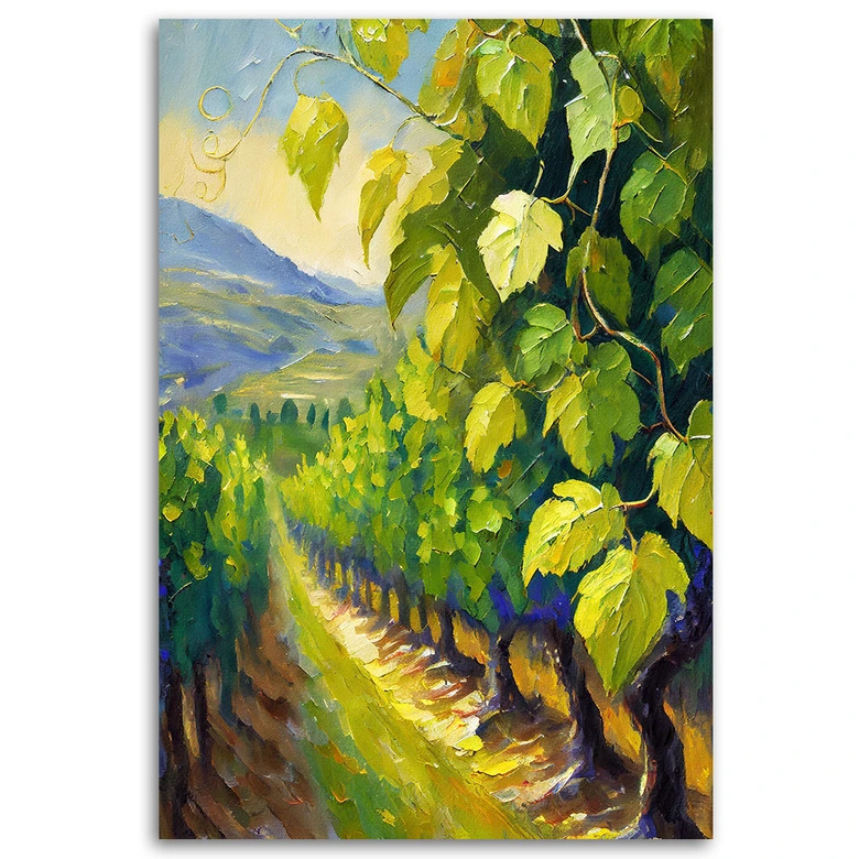 Leinwandbild Weinberg Traubenblätter gemalt 