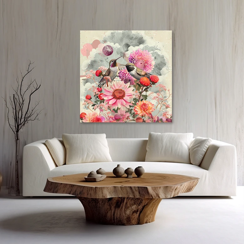 Leinwandbild Bunte Blumen mit Kolibris 
