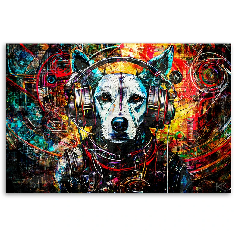 Leinwandbild, Hund mit Kopfhörern 