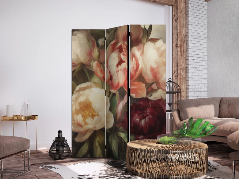 Paravent, Raumteiler freistehend, Trennwand - Blooming Peonies - Charismatic Flowers Bathed in Sunlight 