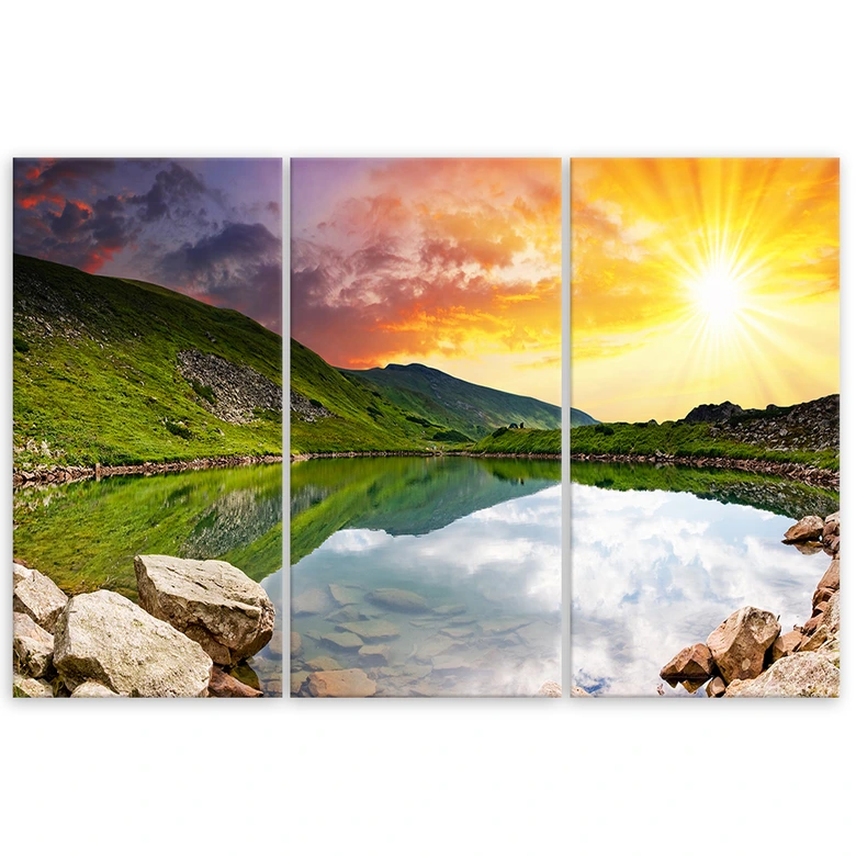 Leinwandbild 3-teilig, Sonnenuntergang Landschaft See 