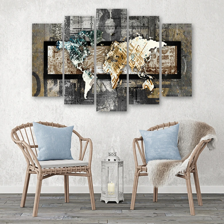 Leinwandbild 5 teilig, Weltkarte Landkarte Retro Vintage 