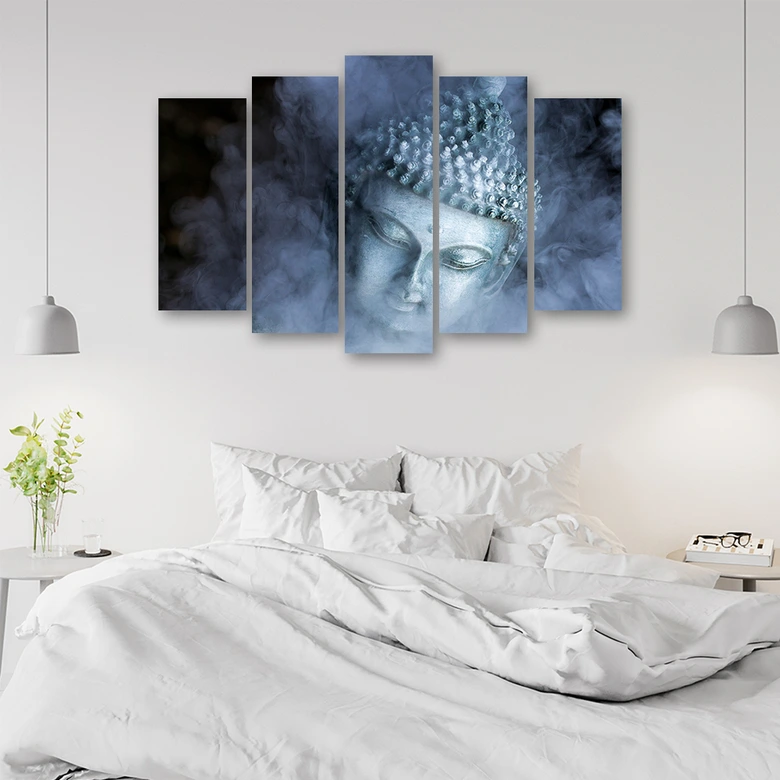 Leinwandbild 5 teilig, Buddha Zen Nebel Blau 