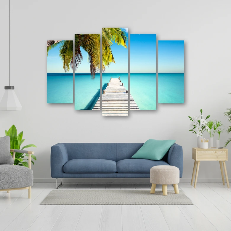 Leinwandbild 5 teilig, Tropischer Strand mit Palmen 