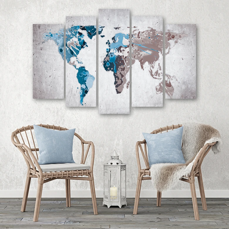 Wandbild 5-teilig, Retro Weltkarte Türkis 