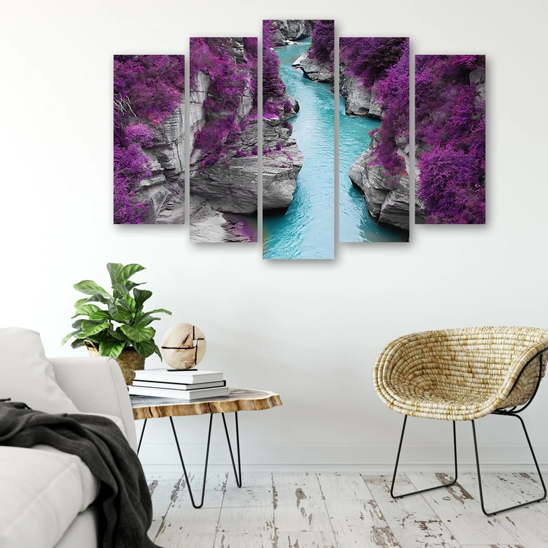 5-delige canvasprint, paarse landschapsstroom 
