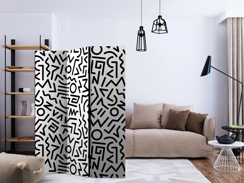 Paravent, Raumteiler freistehend, Trennwand - Schwarz-Weiß-Labyrinth 