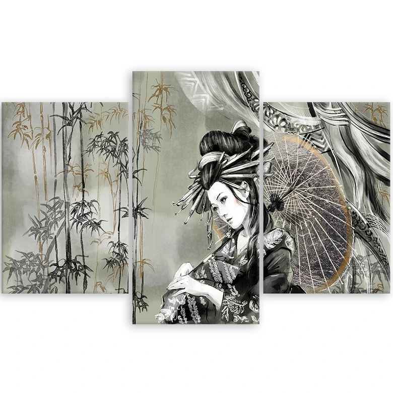 Leinwandbild 3 teilig, Geisha und Bambus 